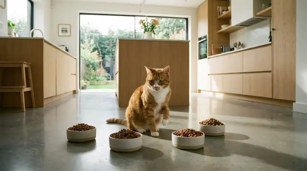 Chat dans une cuisine hésitant entre plusieurs gamelles pour choisir les meilleures croquettes.