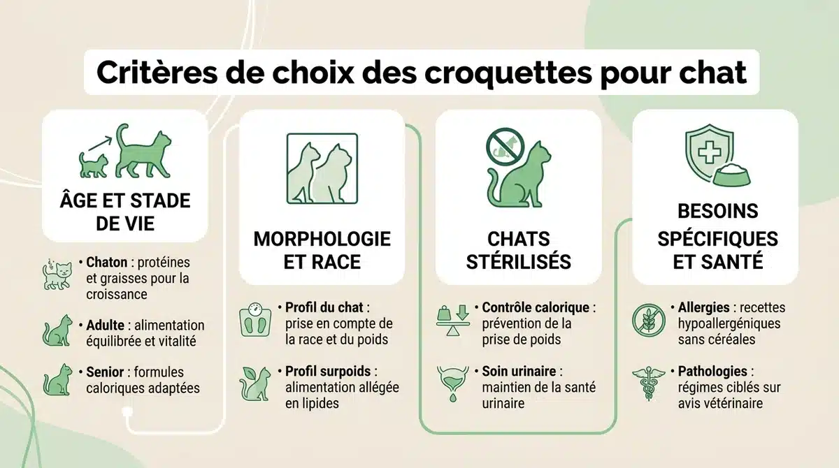 Infographie expliquant comment choisir les croquettes pour chat selon l'âge, la race, la stérilisation et la santé.
