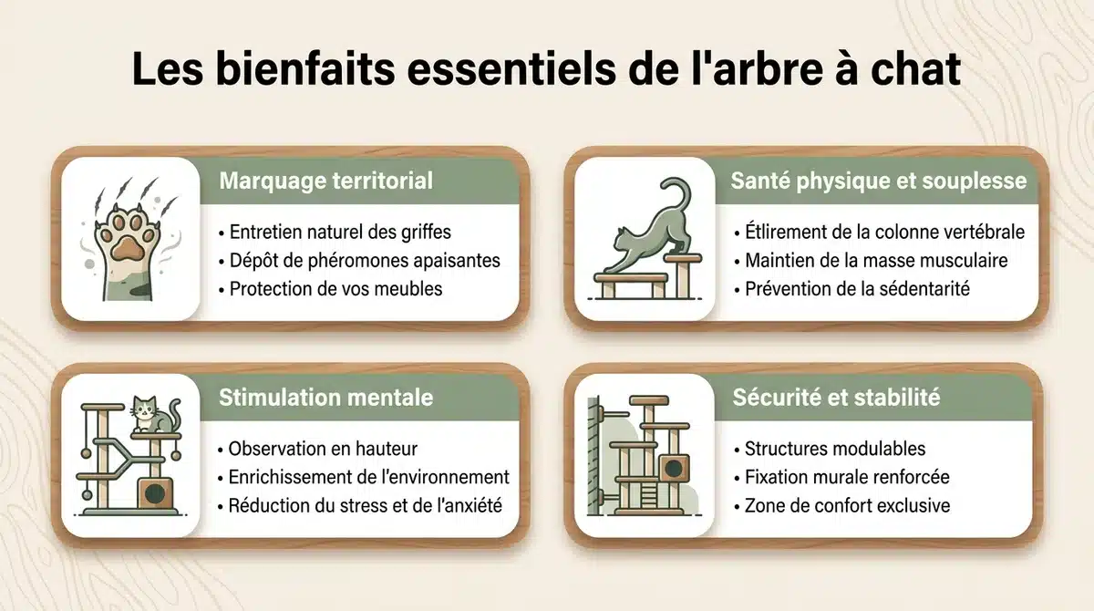 Infographie expliquant les bienfaits de l'arbre à chat pour la santé physique et le bien-être mental du chat.
