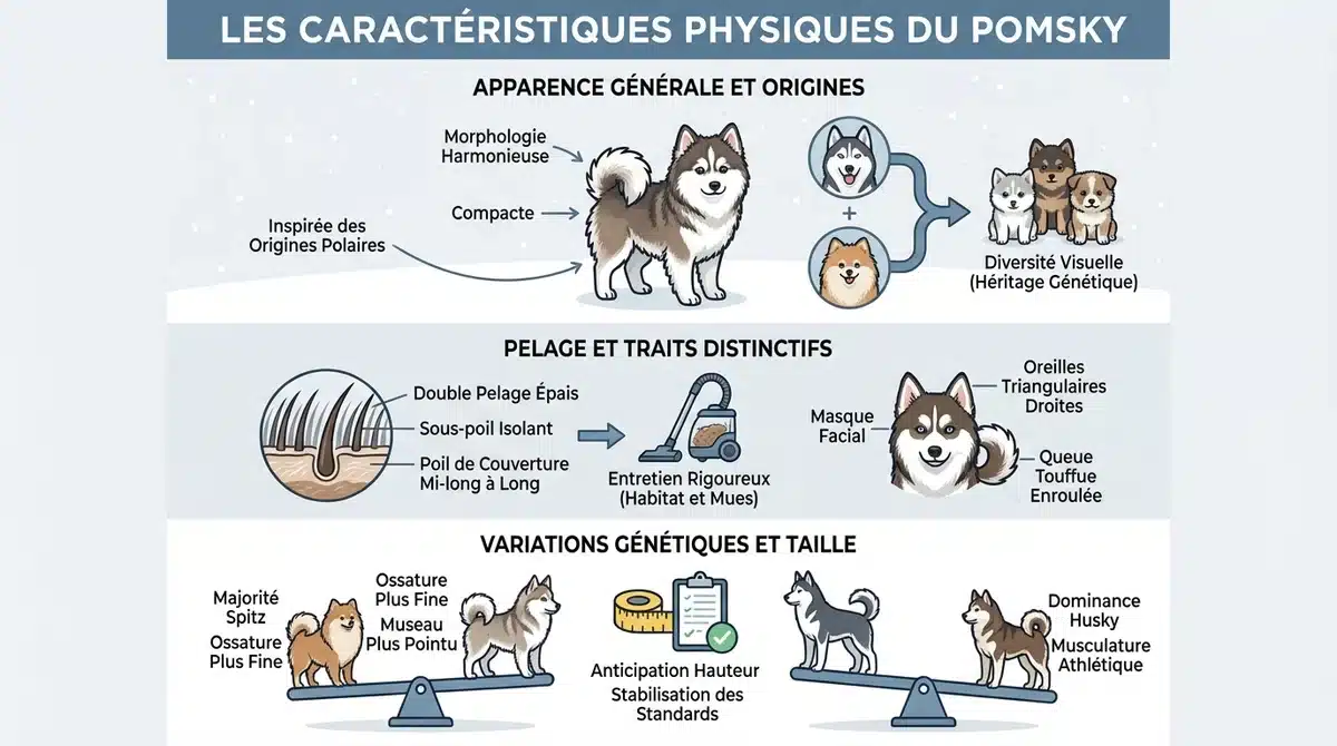 Infographie des caractéristiques physiques du chiot Pomsky : pelage dense et variations génétiques.