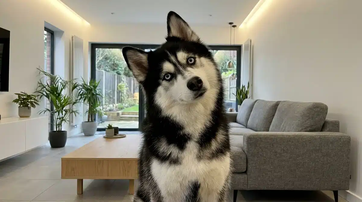 Chien adulte Pomsky au regard attachant et interrogatif assis dans un salon moderne.