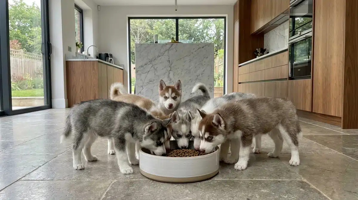 Chiots Pomsky attachants mangeant des croquettes dans une cuisine moderne.