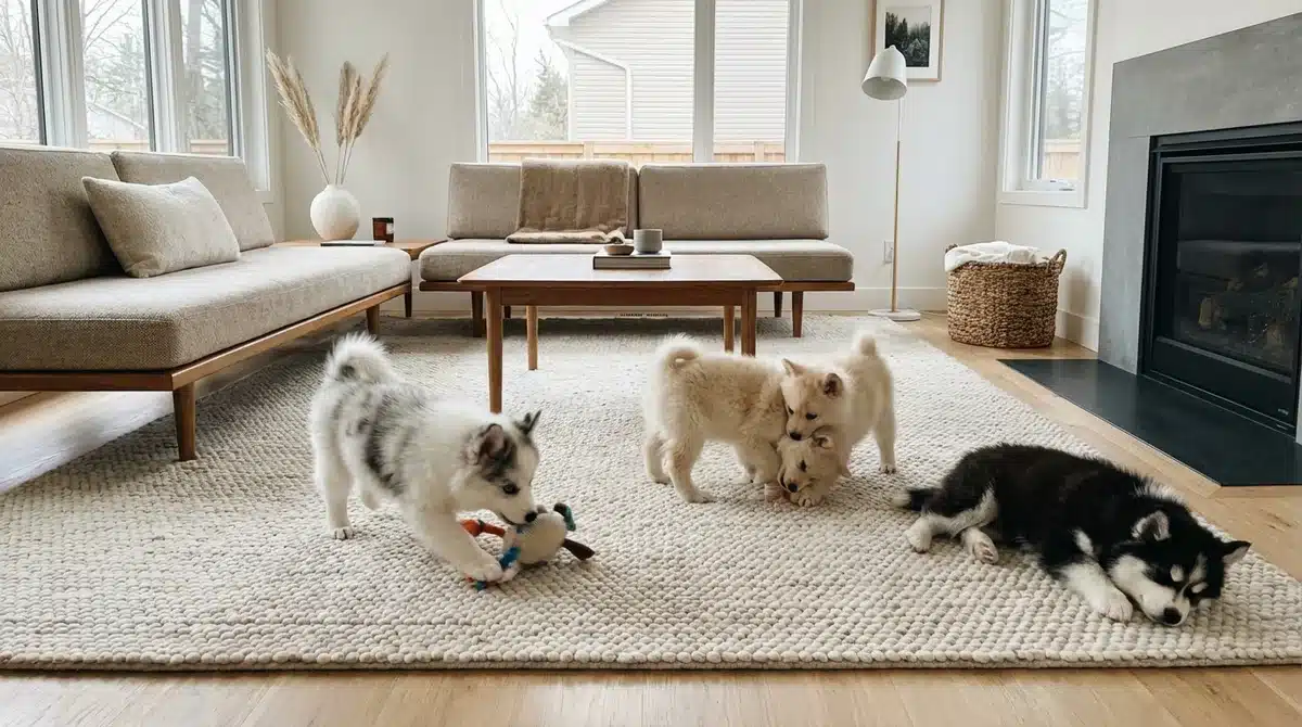 Adorables chiots Pomsky au charme irrésistible reposant sur un tapis dans un salon moderne.