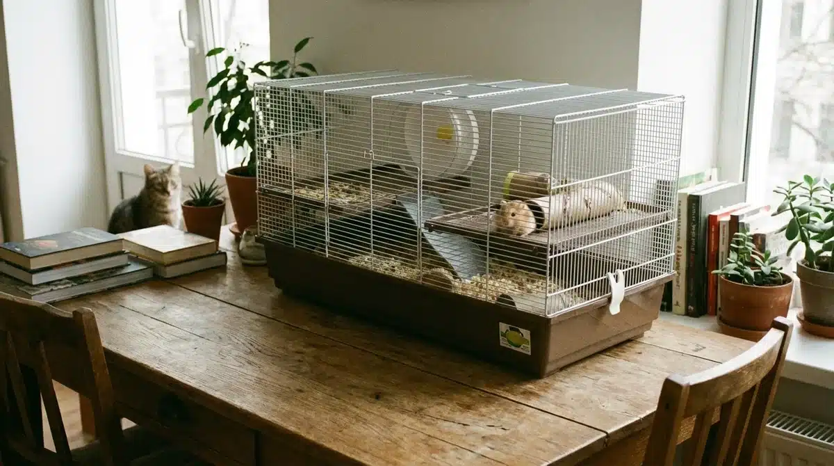 Petit hamster russe domestique dans sa cage posée sur une table.