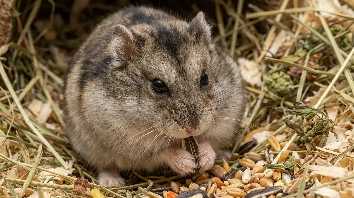 Gros plan d'un petit hamster russe domestique mangeant des graines.