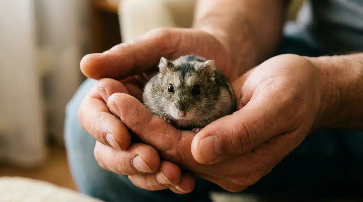 Petit hamster russe tenu délicatement dans les mains, un compagnon domestique fascinant.