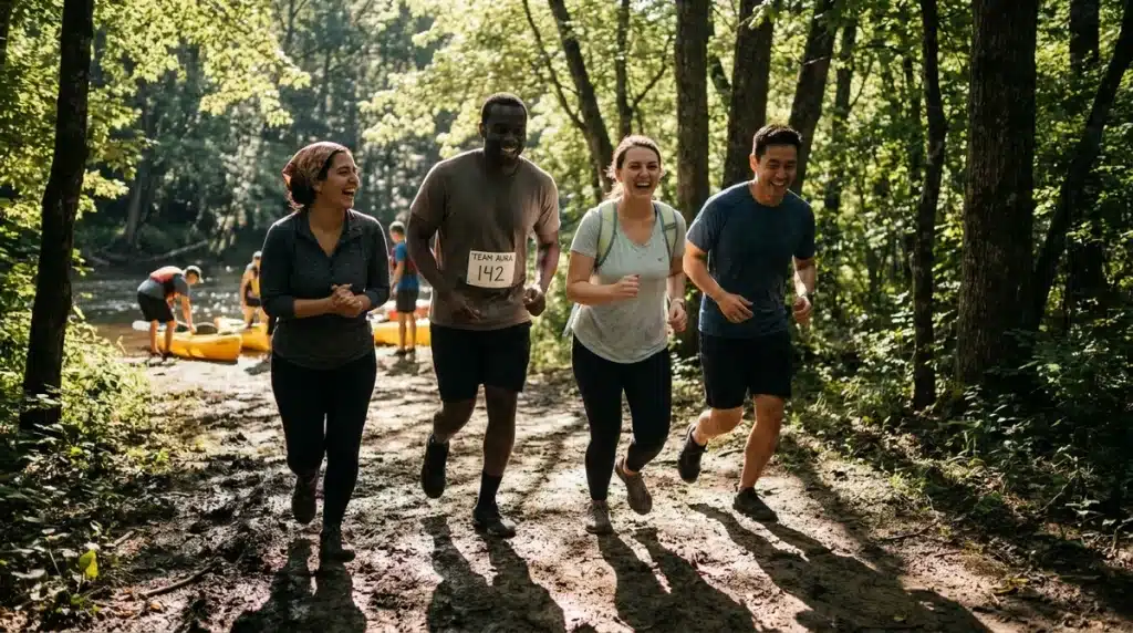 Colègues souriants lors d'une course d'orientation en forêt pour un team building sportif en entreprise.