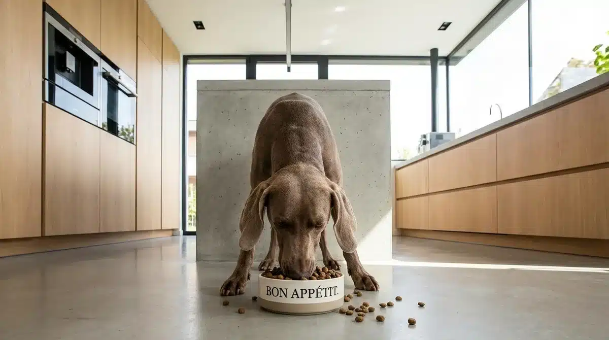 Chien mangeant ses croquettes enrichies en huile de saumon dans une cuisine moderne.