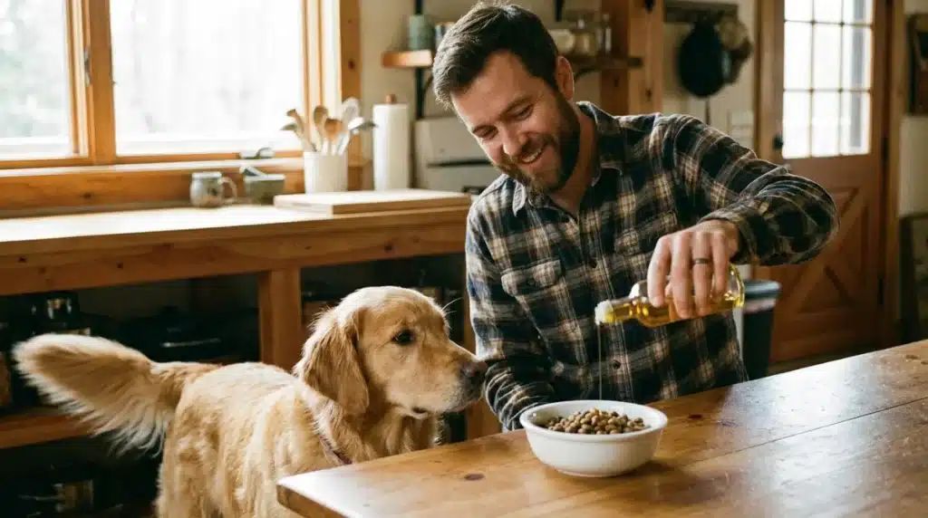 Propriétaire versant de l'huile de saumon pour chien sur ses croquettes.