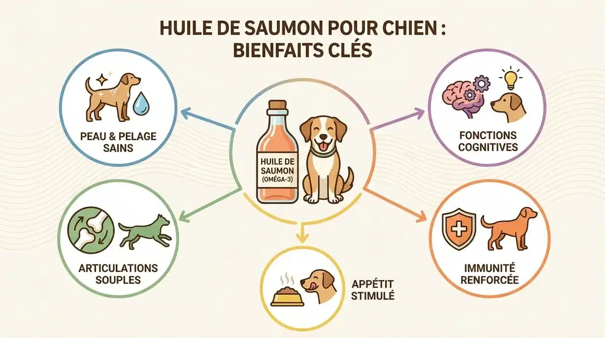 Infographie des bienfaits de l'huile de saumon pour chien : peau, articulations et immunité grâce aux oméga-3.