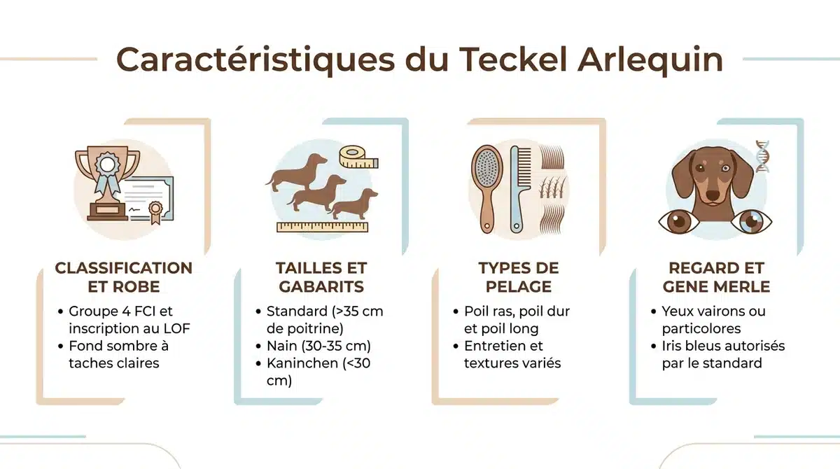 Infographie détaillant le standard FCI, les tailles, les types de pelage et le regard du teckel arlequin.