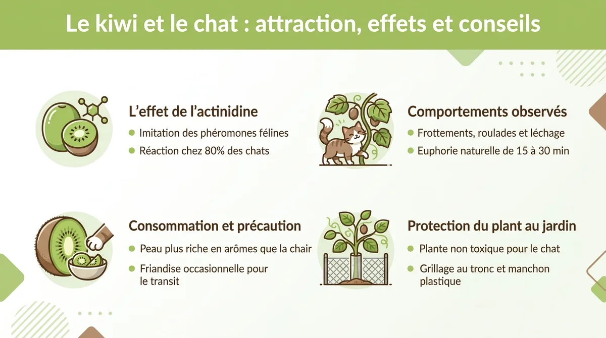 Infographie expliquant les effets du kiwi sur le chat, l'actinidine et les conseils de protection du jardin.