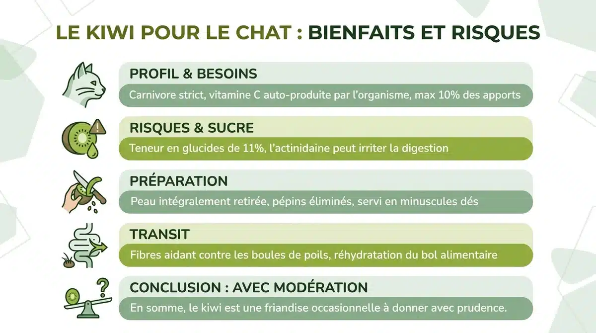 Infographie synthétique expliquant les bienfaits, risques et conseils de preparation du kiwi pour le chat.