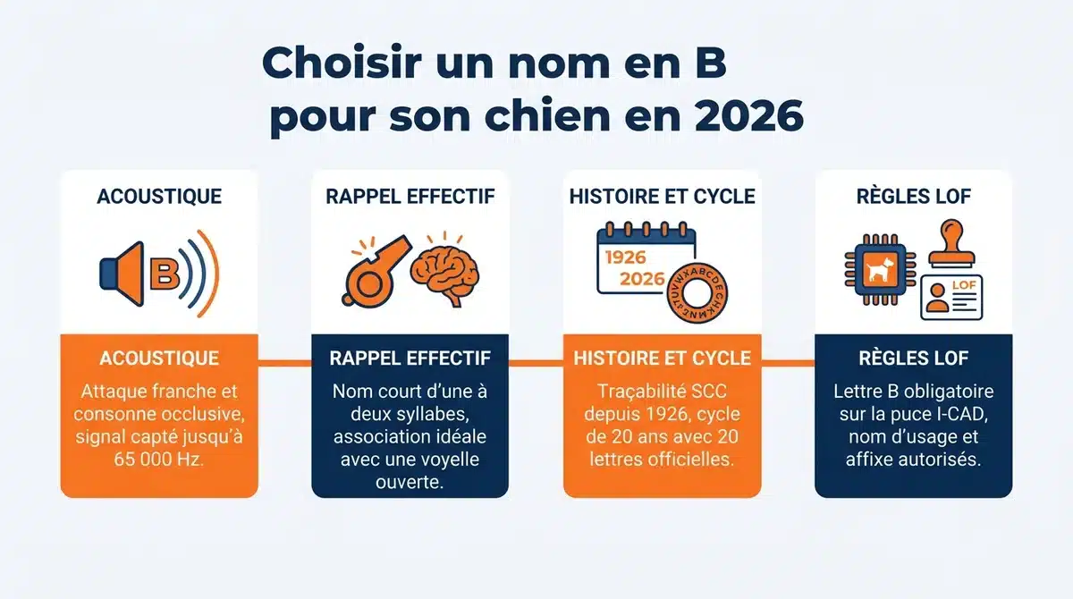 Infographie expliquant les avantages acoustiques et regles LOF 2026 pour nommer un chien par la lettre B.