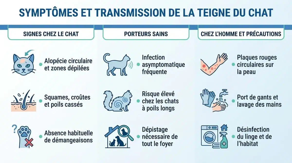 Infographie explicative sur la teigne du chat, les symptômes chez l'humain et les consignes d'hygiène.