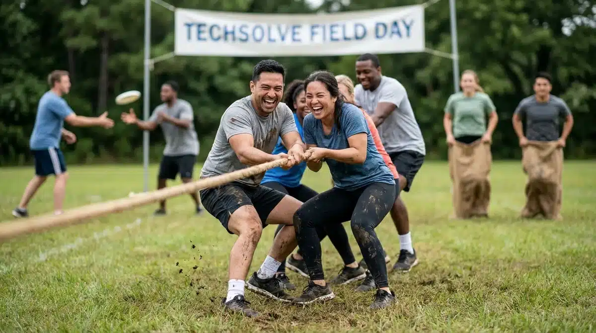 Collègues souriants faisant un tir à la corde lors d'une activité de team building sportif en extérieur au parc
