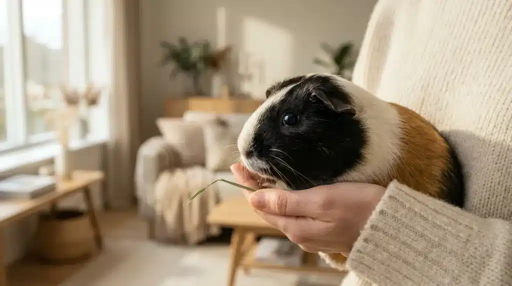 Un cochon d'Inde tricolore paisible tenu dans les mains d'une personne portant un pull en maille confortable.