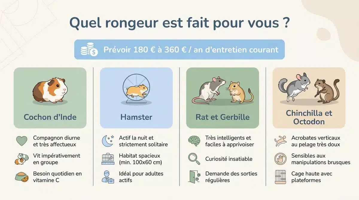 Infographie comparative des rongeurs domestiques : cochon d'Inde, hamster, rat, gerbille, chinchilla et octodon.