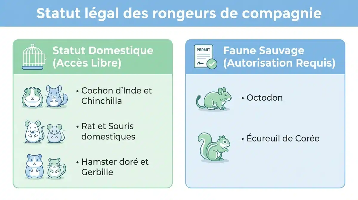 Infographie expliquant le statut légal et la réglementation des rongeurs domestiques en France selon l'arrêté de 2006.