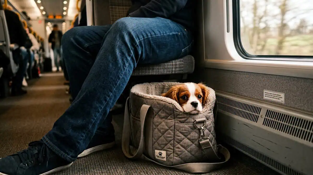 Petit chien voyageant dans son sac de transport, judicieusement placé côté fenêtre pour éviter les passages dans le couloir du train.