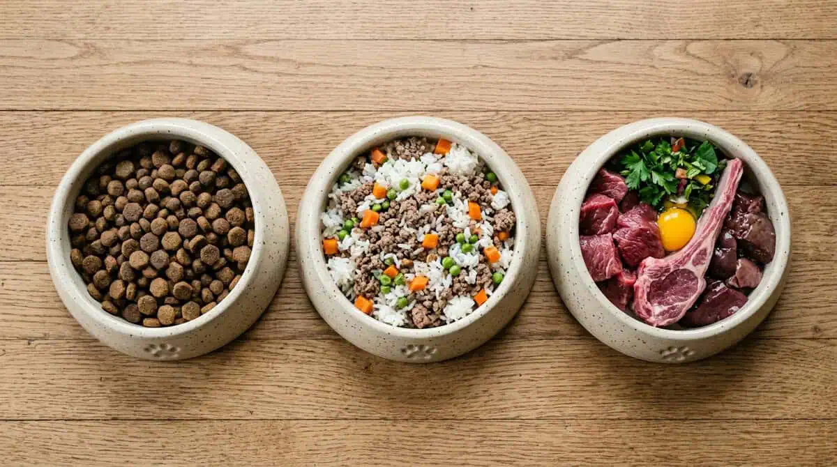 Comparatif visuel des trois alimentations pour chien : gamelle de croquettes, ration ménagère cuite et viande crue BARF.
