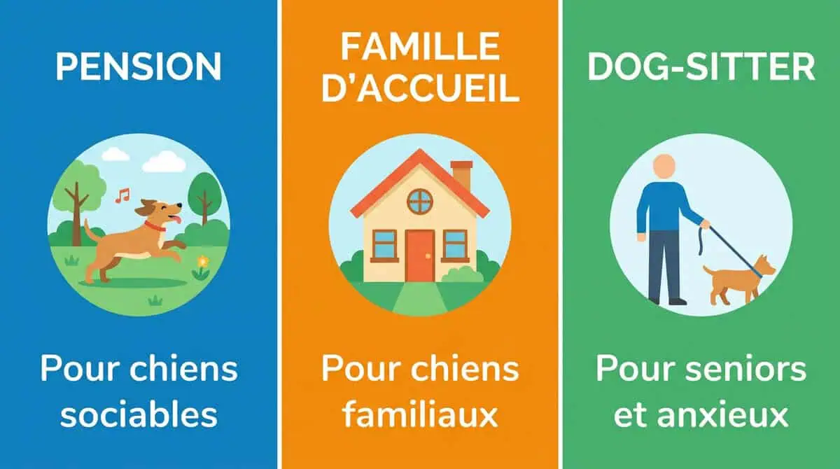 Tableau comparatif des 3 modes de garde selon le caractère du chien : pension pour les sociables, famille pour la convivialité, et dog-sitter pour les anxieux.