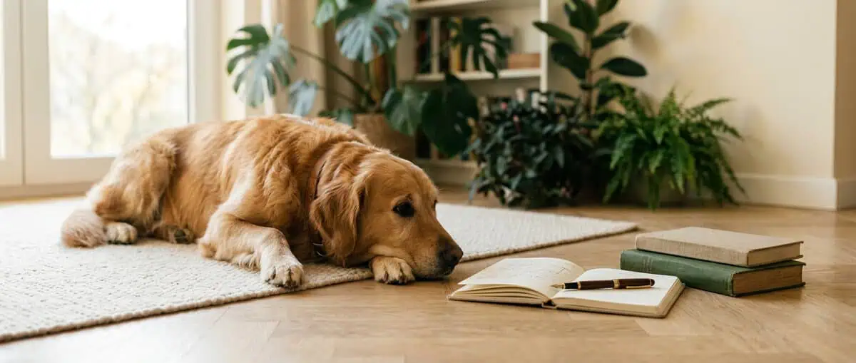 Un golden retriever couché au calme près d'un carnet ouvert et de livres, illustrant la façon dont les guides Cypress sont documentés.