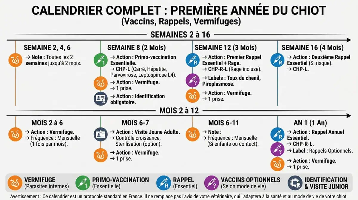Infographie structurée présentant le calendrier complet de la première année du chiot, organisée par semaines et mois, détaillant les injections de primo-vaccination, les rappels et la fréquence des vermifuges.