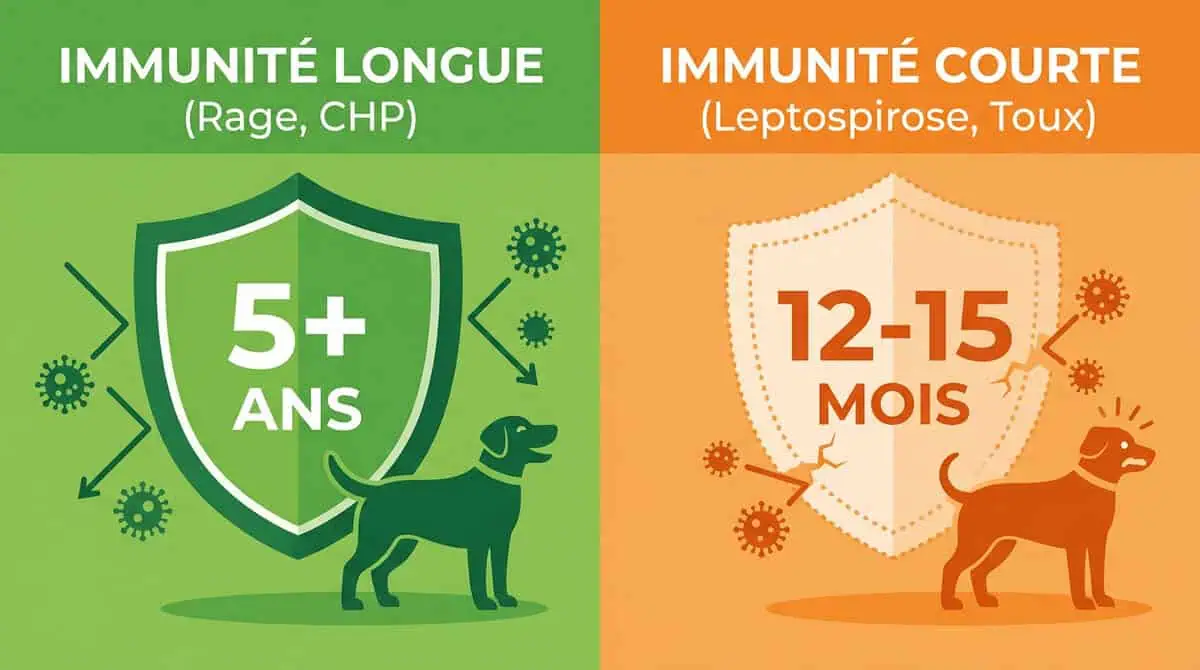 Infographie conceptuelle comparant la durée d'immunité longue des vaccins contre la Rage ou CHP face à l'immunité courte (1 an) du vaccin Leptospirose, justifiant le rappel annuel.