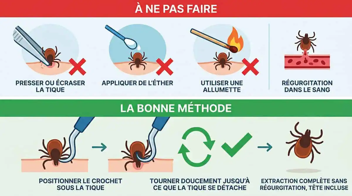 Infographie structurée comparant les erreurs à éviter (pincer, éther, brûler) provoquant la régurgitation, face à la bonne méthode par rotation avec un tire-tique pour une extraction propre.