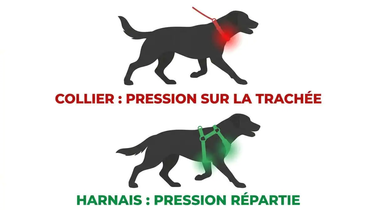 Infographie anatomique comparant la pression étouffante d'un collier sur la trachée d'un chien qui tire, face à la bonne répartition des forces sur le poitrail avec un harnais.