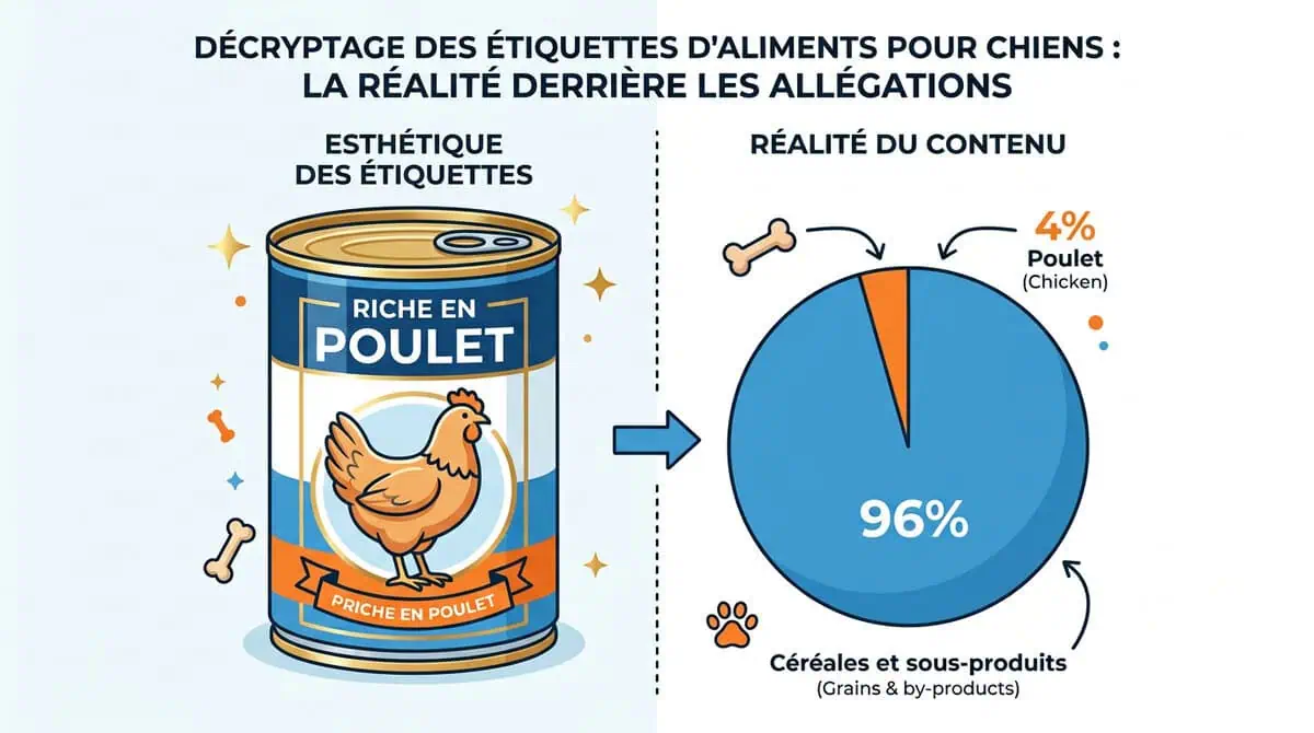 Infographie expliquant la règle des 4% dans l'alimentation canine : la différence entre le marketing de l'emballage et la composition réelle.