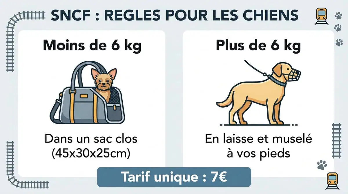 Infographie expliquant la règle de la SNCF selon le poids du chien : sac de transport fermé pour les moins de 6 kg, laisse et muselière obligatoires pour les plus grands.