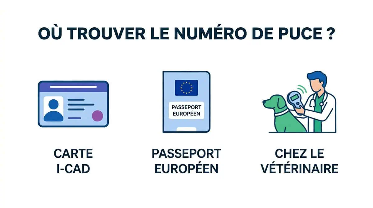 Infographie indiquant les 3 façons de retrouver le numéro de puce de son chien : sur la carte I-CAD, le passeport européen ou grâce au lecteur d'un vétérinaire.