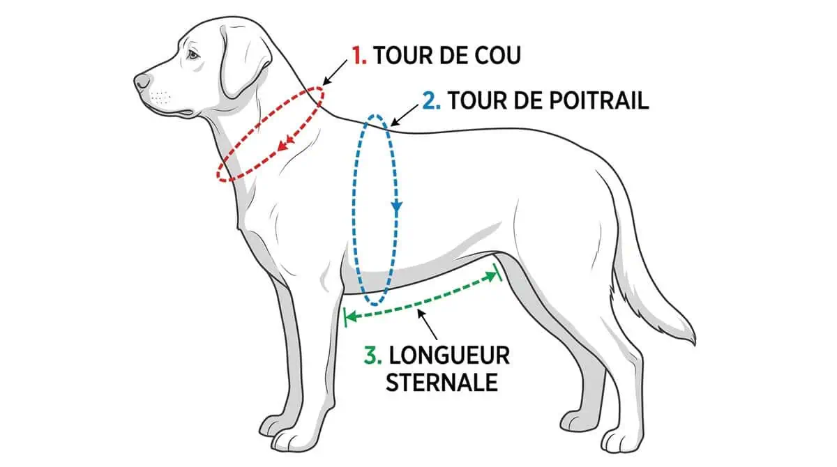 Schéma technique montrant les 3 points de mesure indispensables pour choisir la taille d'un harnais : tour de cou, tour de poitrail et longueur sternale.