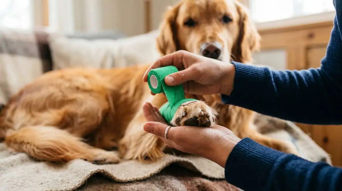 Propriétaire appliquant un bandage avec une bande cohésive pour soigner et protéger le coussinet blessé de son chien.