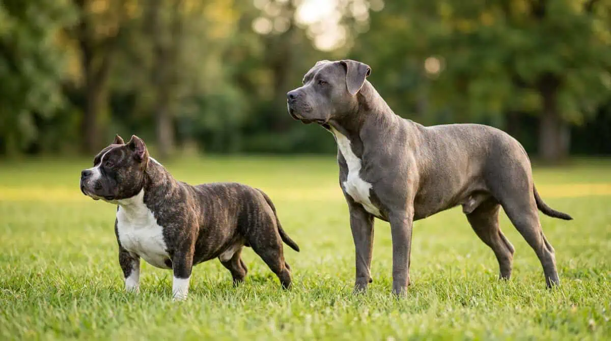 Deux American Bully côte à côte dans un parc : un chien bringé et blanc, plus petit et trapu, et un chien gris-bleu, plus grand.