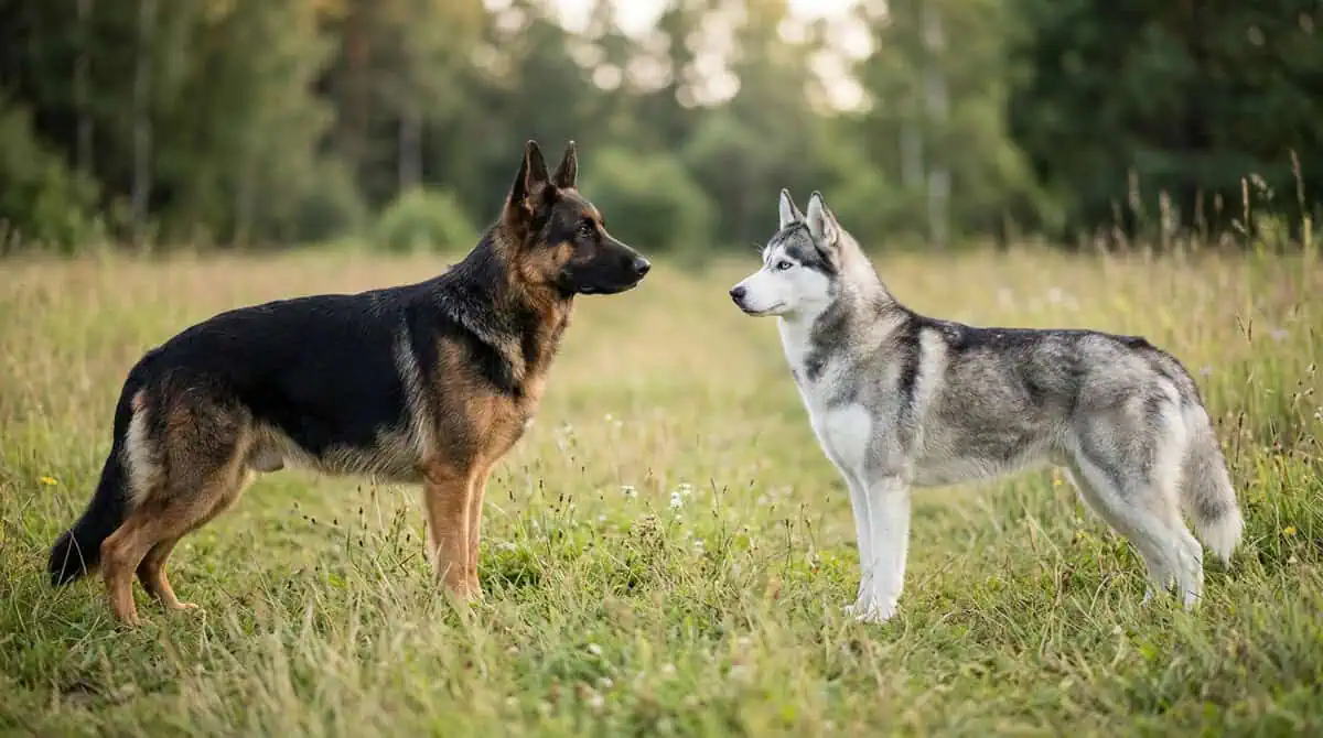 Un berger allemand noir et feu et un husky de Sibérie gris et blanc aux yeux bleus, face à face dans une prairie.