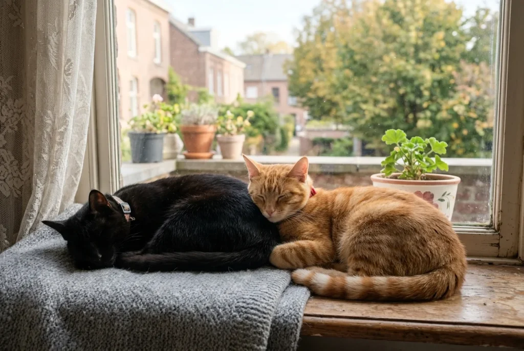Un chat noir et un chat roux couchés côte à côte sur un rebord de fenêtre, dans la lumière du matin