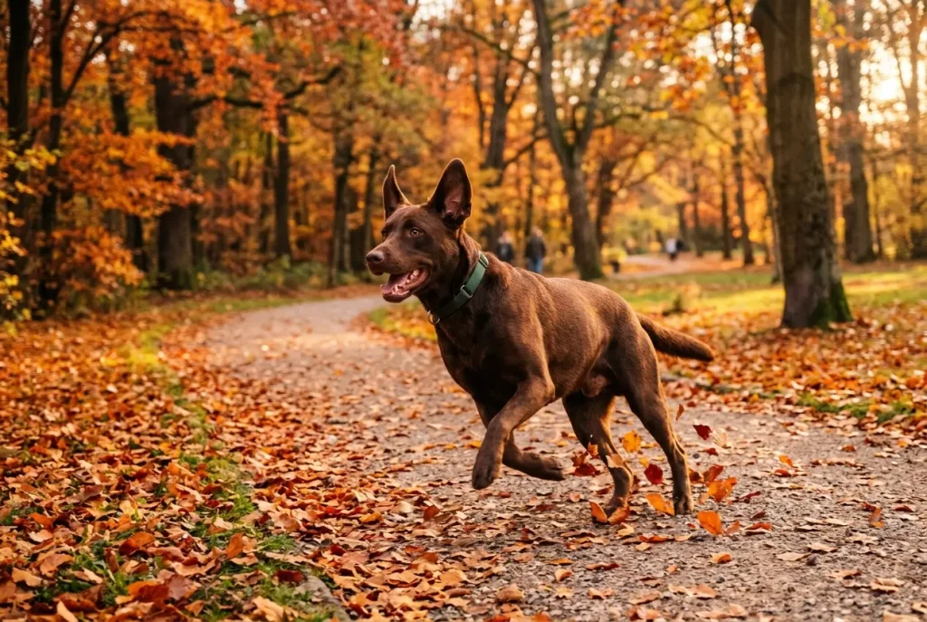 Un chien brun court dans un parc en automne et tourne la tête vers son maître hors champ, les oreilles dressées.