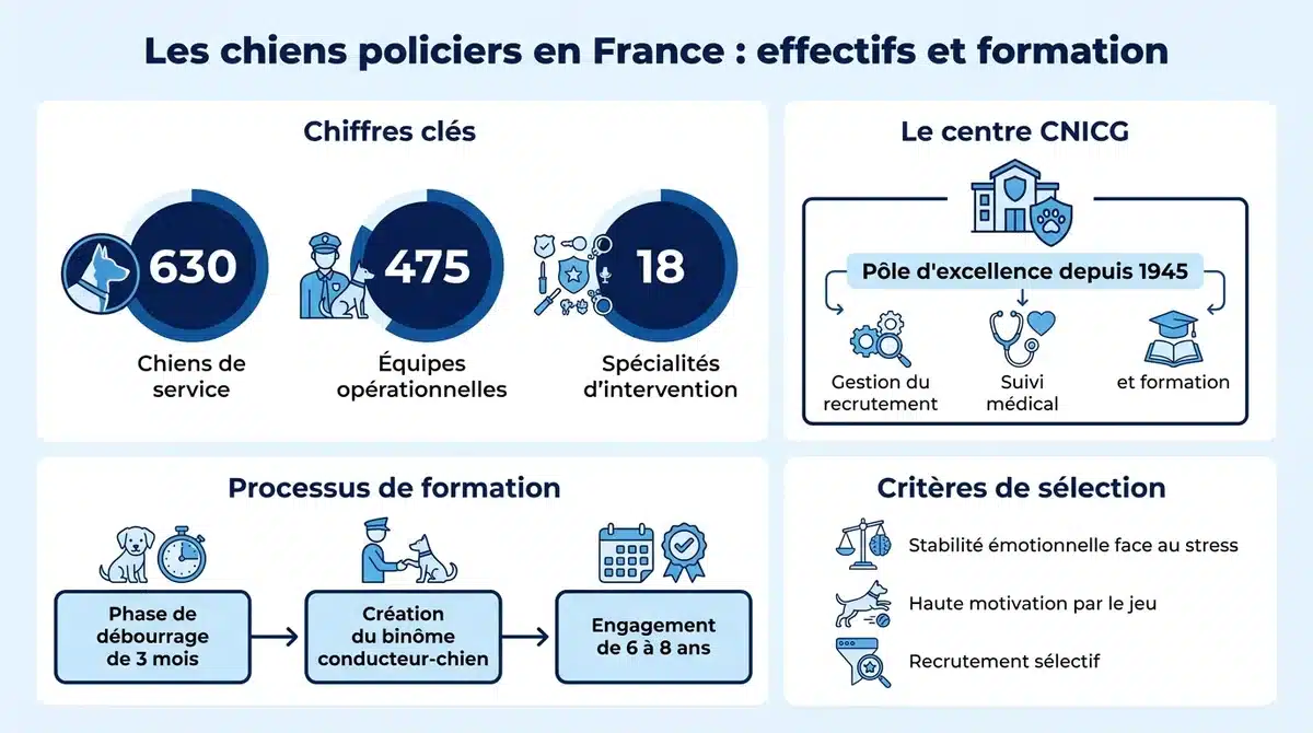 Infographie synthétisant les chiffres clés, la formation et la sélection des chiens policiers en France.