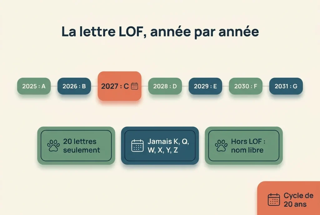 Infographie : lettre LOF de 2025 à 2031 (A à G), alphabet de 20 lettres sans K, Q, W, X, Y, Z, nom libre hors LOF.