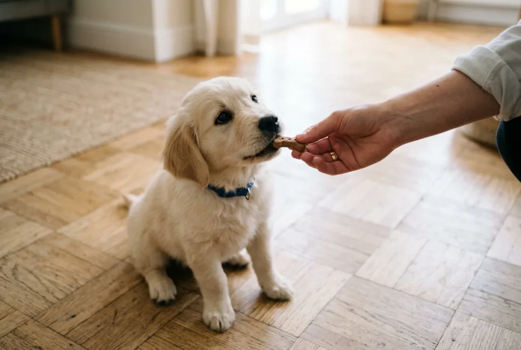 Gros plan d'une main qui tend une friandise à un chiot, les yeux levés vers elle, sur un parquet clair.