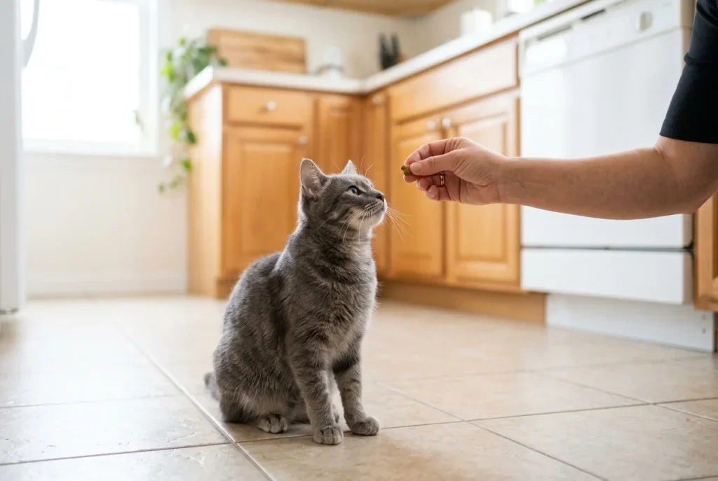 Une main tend une friandise à un chat gris assis sur le carrelage d'une cuisine, qui lève la tête vers elle