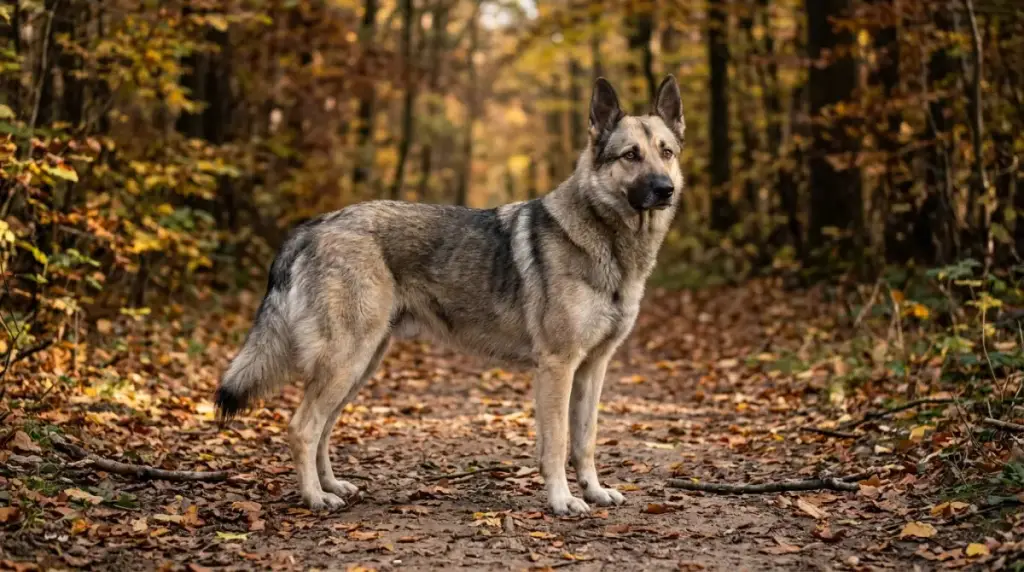 Chien adulte au pelage fauve et gris sable, masque sombre et oreilles dressées, debout sur un sentier forestier en automne, illustrant un croisement entre malinois et husky.