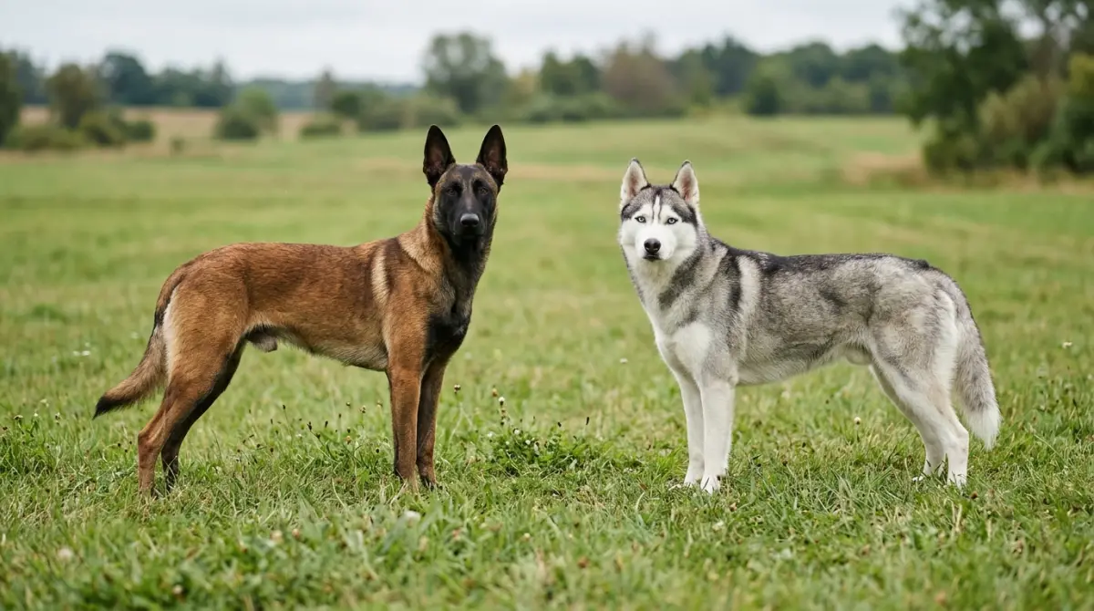 Un malinois fauve charbonné au masque noir et un husky de Sibérie gris et blanc aux yeux bleus, côte à côte dans une prairie.