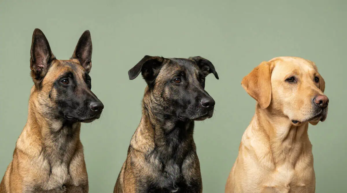 Trois têtes de chiens côte à côte : un malinois aux oreilles dressées, un croisé malinois et labrador aux oreilles à demi relevées et un labrador aux oreilles tombantes.