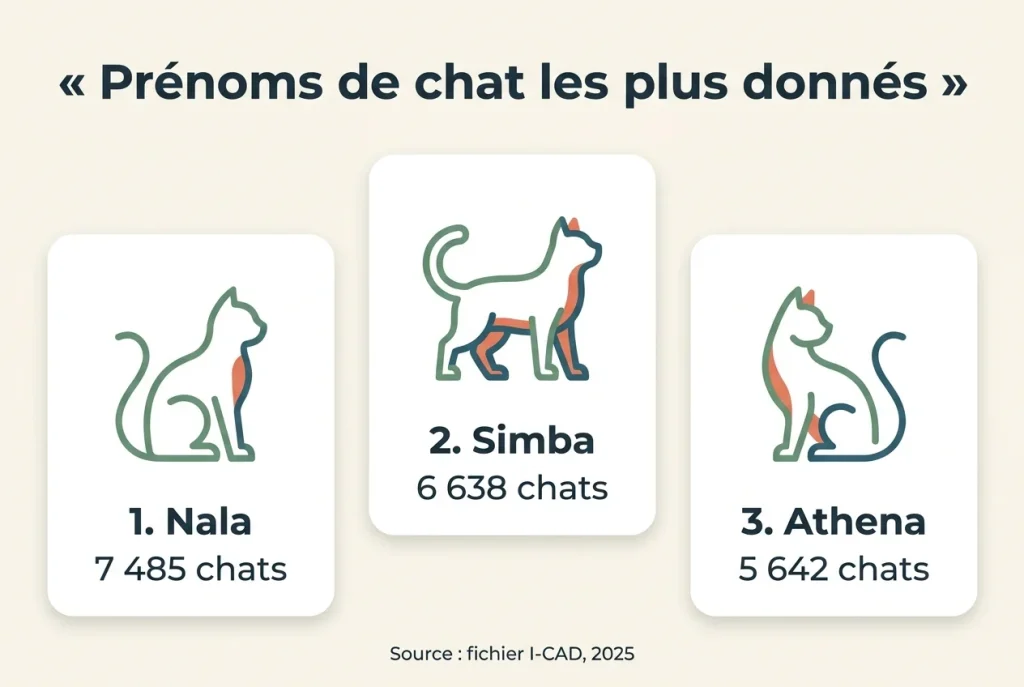 Infographie : Nala, Simba et Athena, les trois prénoms de chat les plus donnés en France, avec leur nombre de chats